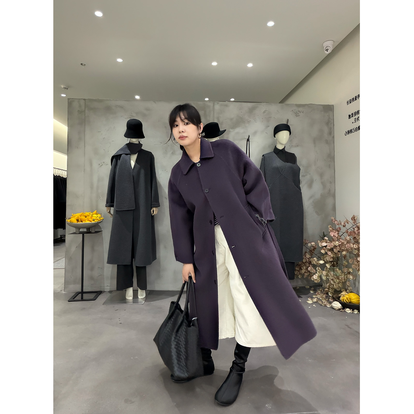 小翻领袖口收口长款系带秋冬大衣