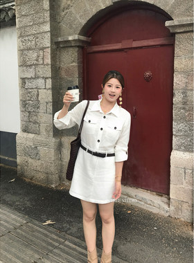 收腰气质白色亚麻连衣裙