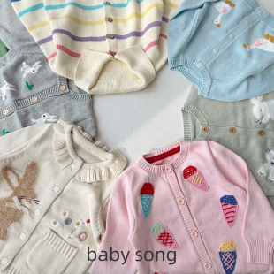 出口英单minibd90 外套 140女童纯棉线立体兔子刺绣针织毛衣开衫