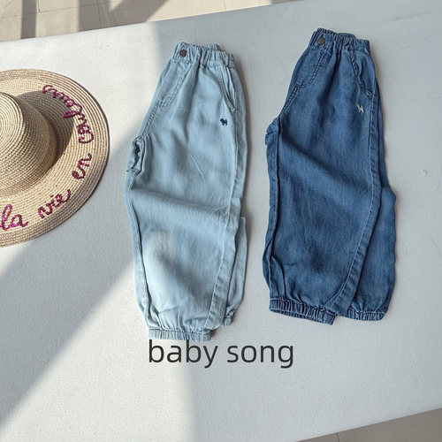 天丝薄软抖抖裤~韩系100-150男女童夏季软牛仔束脚莱赛尔防蚊裤