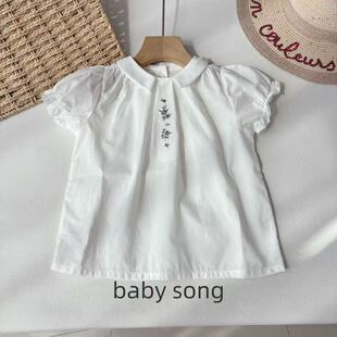 韩国90-150女童白色翻领刺绣泡泡袖纯棉娃娃衫夏季上衣短袖衬衫
