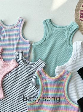 澳单cot2-10岁女童25春夏纯棉弹力多巴胺条纹纯色无袖打底背心T恤