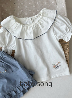 韩系90-150女童25夏纯棉刺绣荷叶领甜美泡泡袖娃娃衫儿童短袖T恤