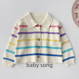 英国N100 外套 140女童春秋新彩虹条纹小翻领纯棉毛衣针织开衫