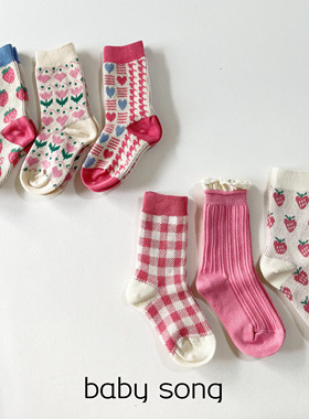 3双组！韩国3-12岁女童秋冬公主草莓格纹双针双层加厚袜子