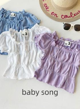 出口澳单cot2-10岁女童春夏新款纯棉法式木耳边褶皱泡泡短袖T恤