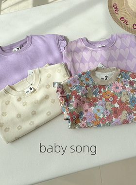 澳单cot2-10岁女童2025秋冬新款花花爱心薄绒木耳边儿童套头卫衣