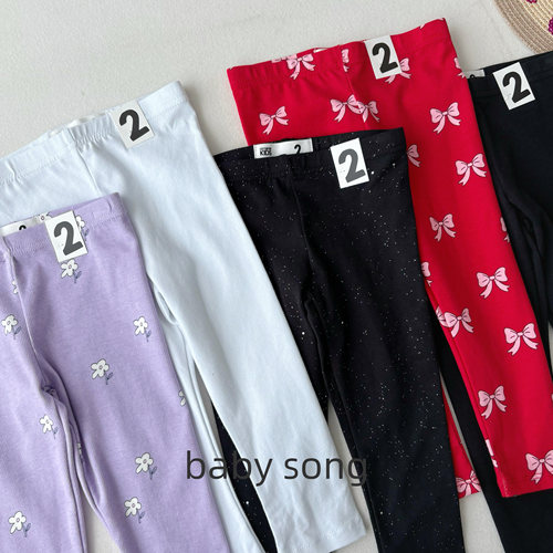 澳单cot2-10岁女童春秋新款纯棉弹力蝴蝶结花朵印花打底裤