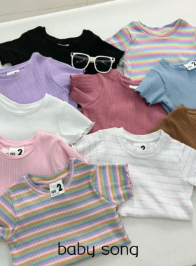 澳单cot2-10岁女童夏季新款纯棉弹力彩虹条纹圆领纯色短袖T恤