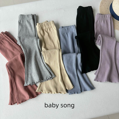 韩系90-140女小大童春秋舒适纯棉基础弹力坑条螺纹微喇叭打底裤