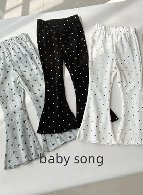韩系90-140女童25早秋新款纯棉弹力波点百搭喇叭打底裤