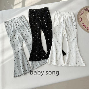 韩系90-140女童25早秋新款纯棉弹力波点百搭喇叭打底裤