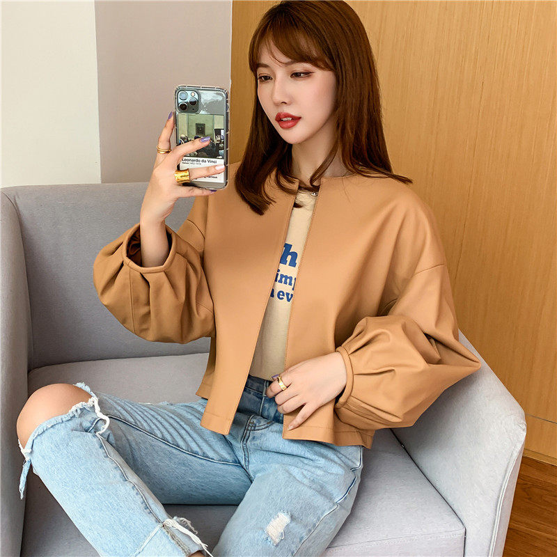 新款泡泡袖真皮皮衣女绵羊皮无领开衫外搭上衣宽松小短款外套春秋