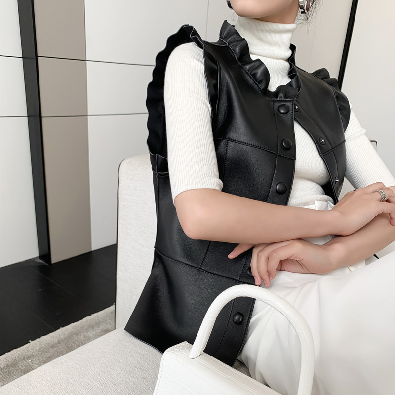 无袖修身短款木耳花边皮衣马甲