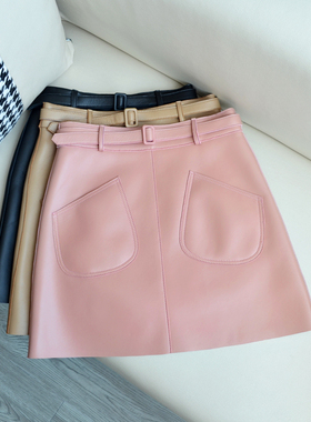 秋冬新款真皮皮裙女半身裙高腰a字包臀裙显瘦绵羊皮腰带