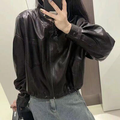 2026春新款进口植鞣油蜡头层绵羊皮皮衣短外套夹克女上