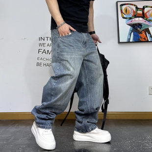 宽松复古水洗百搭直筒阔腿长裤 男秋季 子潮 休闲做旧简约牛仔裤 美式