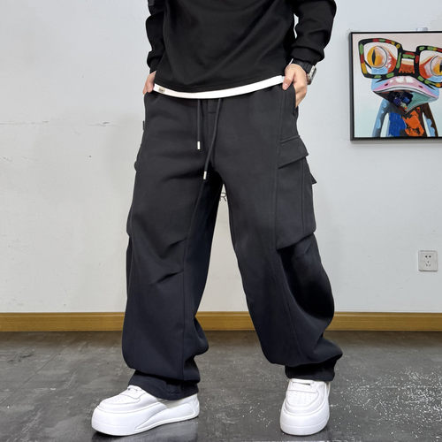 大口袋抽绳休闲加绒运动弯刀卫裤