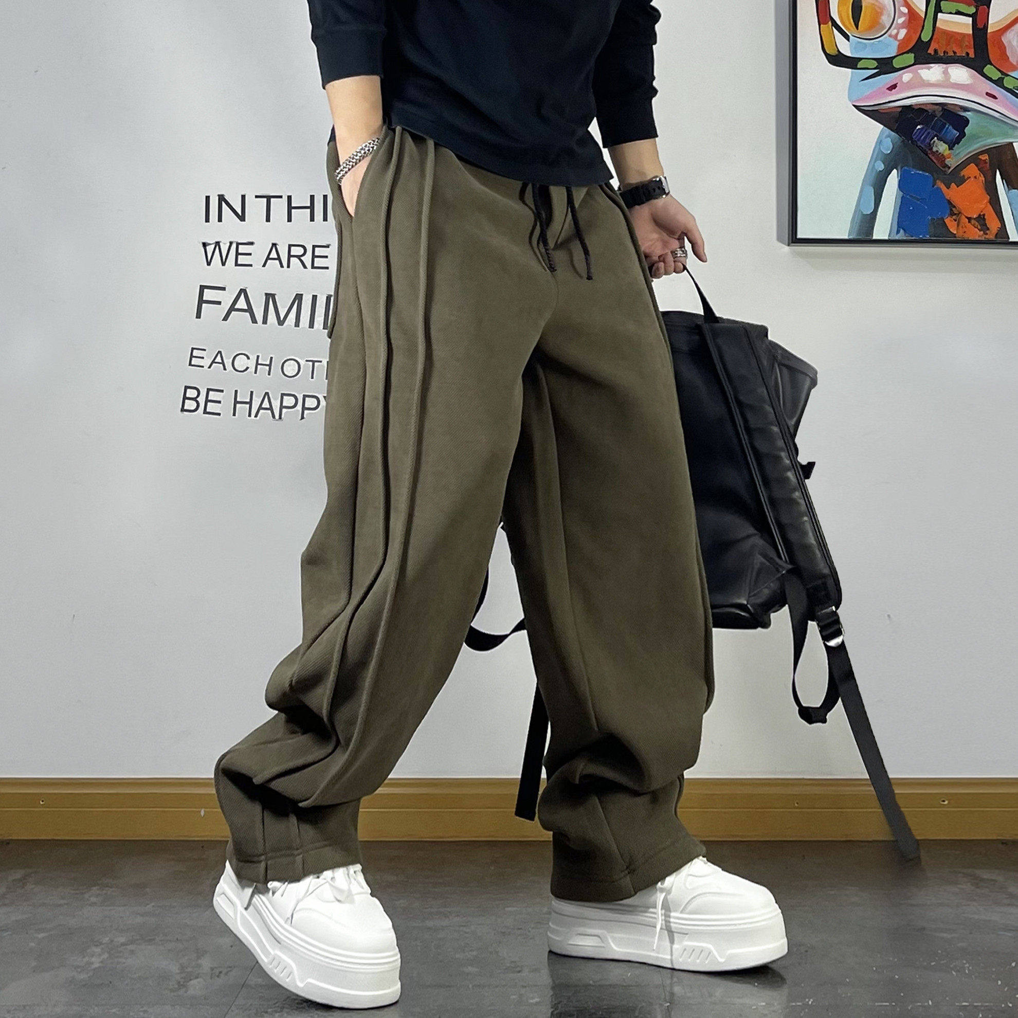 美式复古拼接针织运动卫裤男春秋款潮流垂感直筒裤青年百搭休闲裤,男装,卫裤,淘宝优惠券,粉丝福利购,淘宝优惠卷