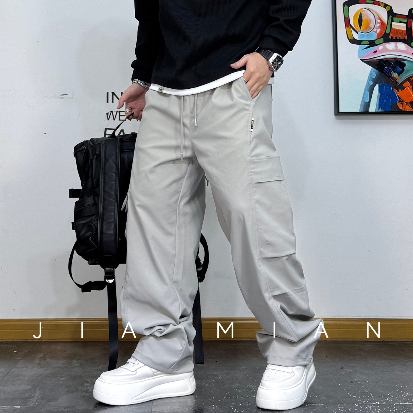 美式工装风多口袋褶皱抽绳休闲裤男2026春秋新款百搭直筒宽松长裤,男装,休闲裤,淘宝优惠券,粉丝福利购,淘宝优惠卷