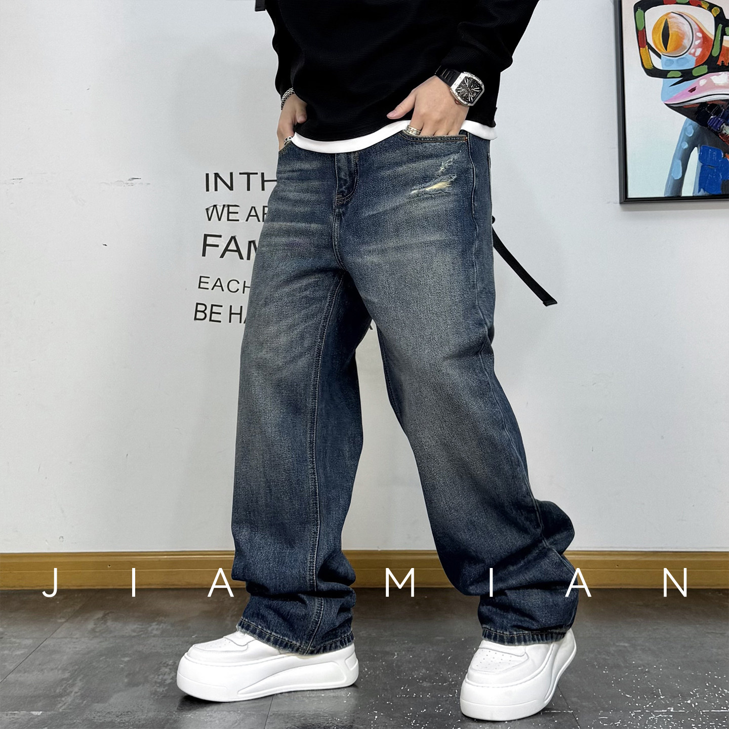 美式复古水洗做旧直筒破洞牛仔裤男2026春秋新款宽松百搭阔腿长裤,男装,牛仔裤,淘宝优惠券,粉丝福利购,淘宝优惠卷