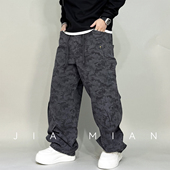 休闲百搭潮流长裤 美式 裤 2026春秋新款 迷彩风阔腿裤 男宽松抽绳工装