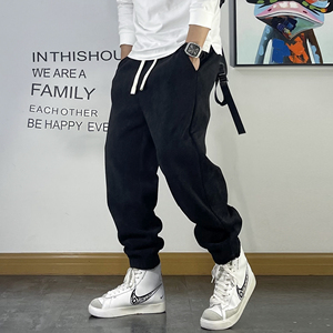 冬季新款加绒加厚卫裤男美式休闲宽松束脚裤青年百搭扩版厚款男裤