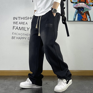 男士潮流高街直筒裤宽松抽绳字母印花水洗做旧运动裤春秋百搭卫裤