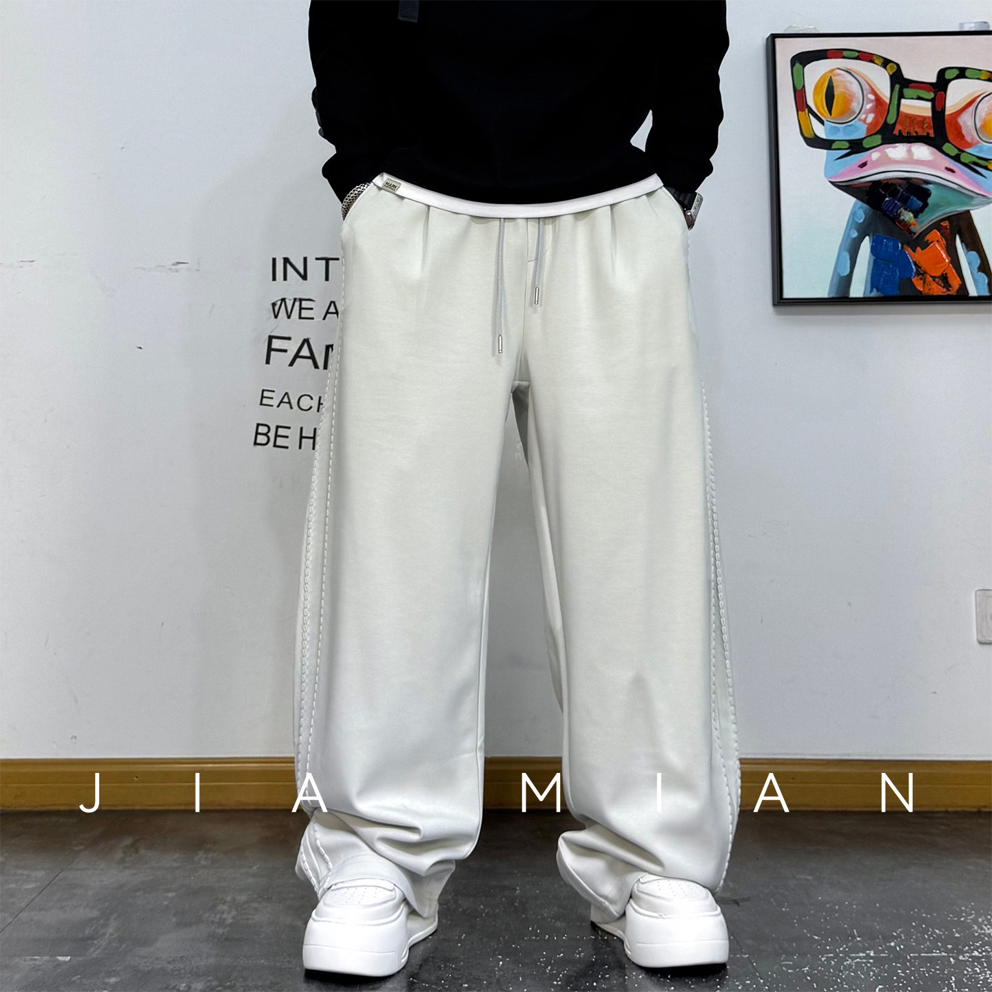 美式慵懒风垂感阔腿男2026春夏新款宽松百搭休闲抽绳直筒弯刀长裤,男装,休闲裤,淘宝优惠券,粉丝福利购,淘宝优惠卷