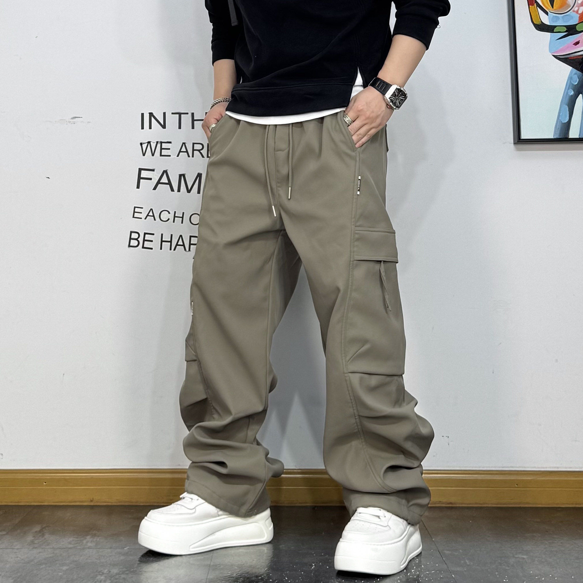 美式复古大口袋简约抽绳加绒工装裤秋冬男款宽松痞帅直筒阔腿长裤