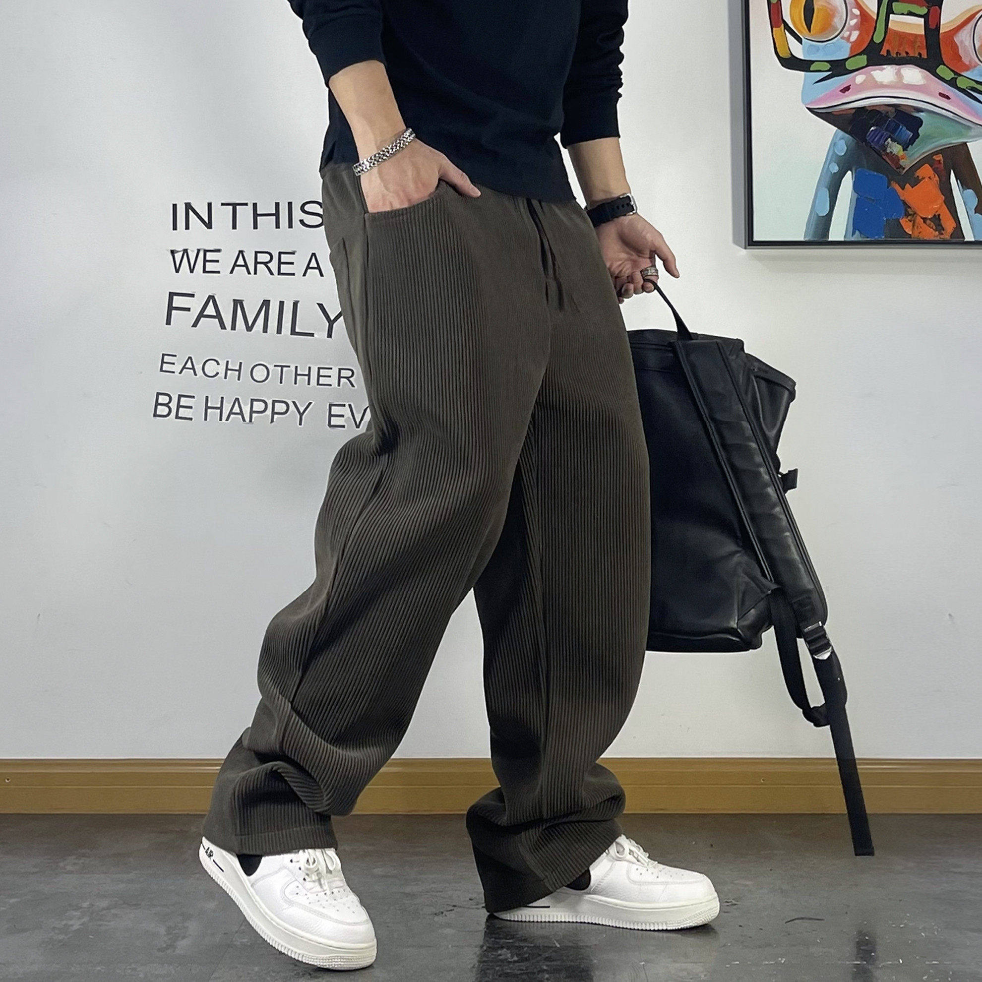 男士灯芯绒卫裤宽松抽绳垂感直筒裤春秋新款青年条纹百搭休闲裤男,男装,卫裤,淘宝优惠券,粉丝福利购,淘宝优惠卷