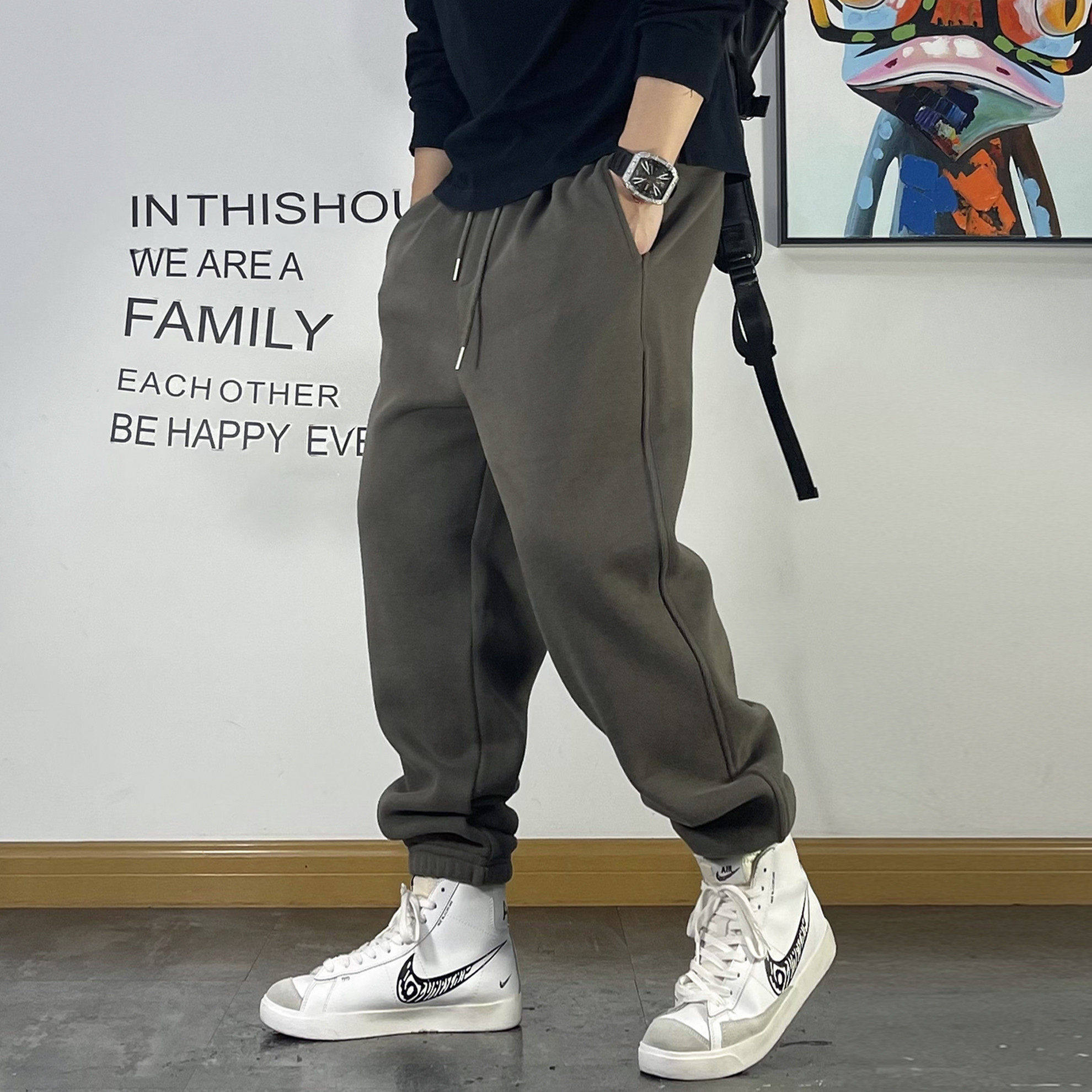 美式休闲复古做旧简约加绒卫裤男宽松束脚裤冬季加厚青年运动裤子,男装,卫裤,淘宝优惠券,粉丝福利购,淘宝优惠卷