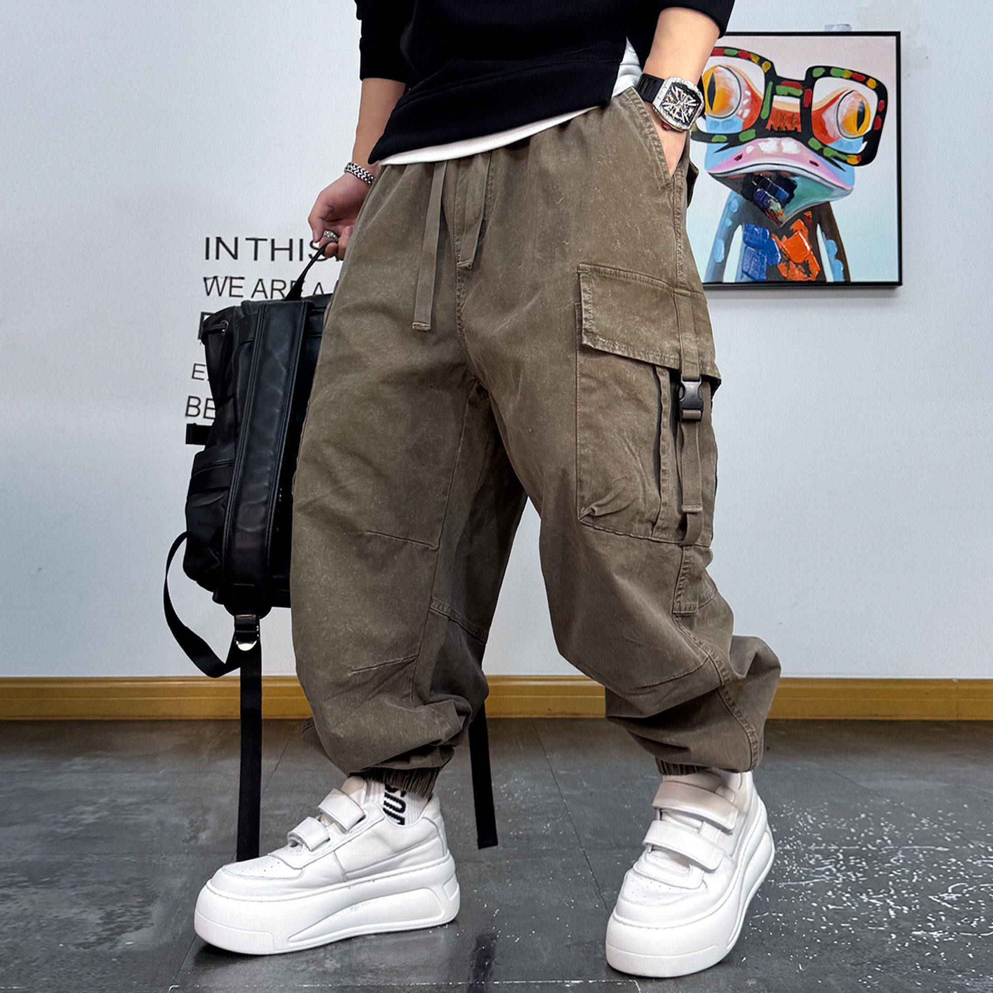 美式复古做旧青年百搭哈伦裤卡扣装饰宽松束脚多口袋工装休闲裤男,男装,休闲裤,淘宝优惠券,粉丝福利购,淘宝优惠卷