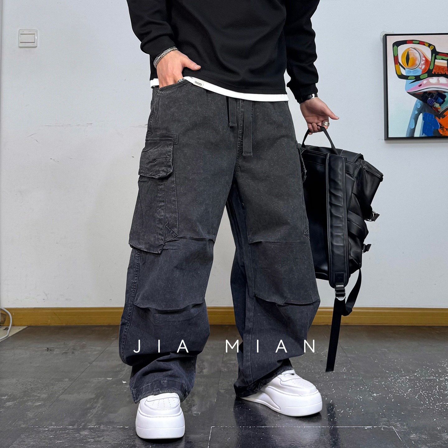 美式工装风多口袋阔腿裤男2026年春秋款宽松直筒褶皱黑色休闲长裤,男装,休闲裤,淘宝优惠券,粉丝福利购,淘宝优惠卷