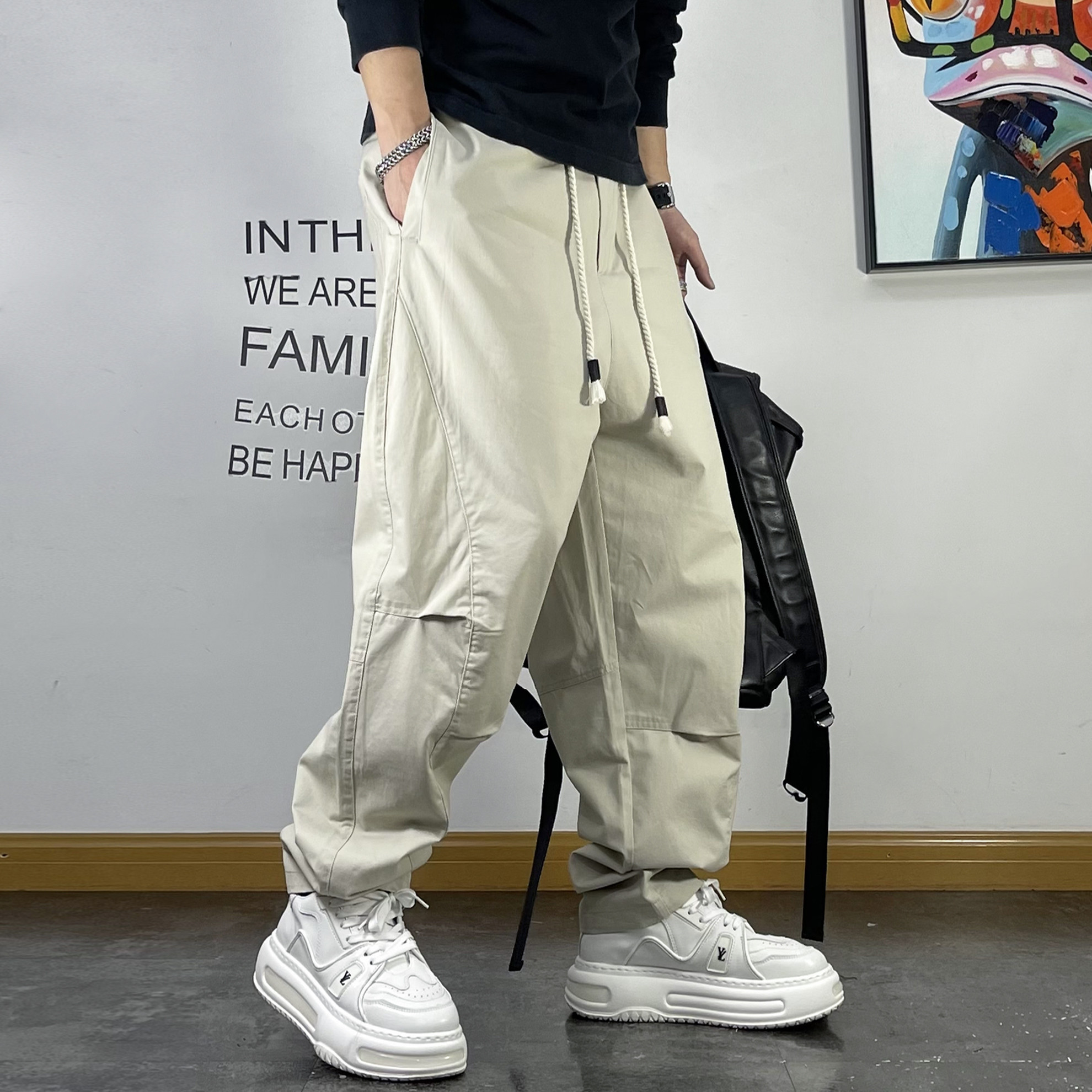 美式复古绣标拼接直筒休闲裤