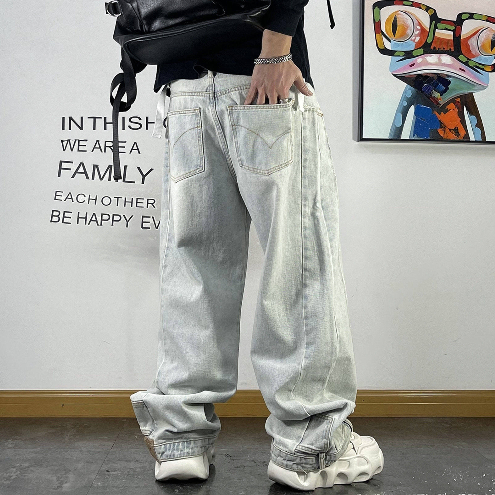 潮牌青年痞帅个性拼接设计款浅色牛仔裤男潮流百搭宽松直筒裤春秋,男装,牛仔裤,淘宝优惠券,粉丝福利购,淘宝优惠卷