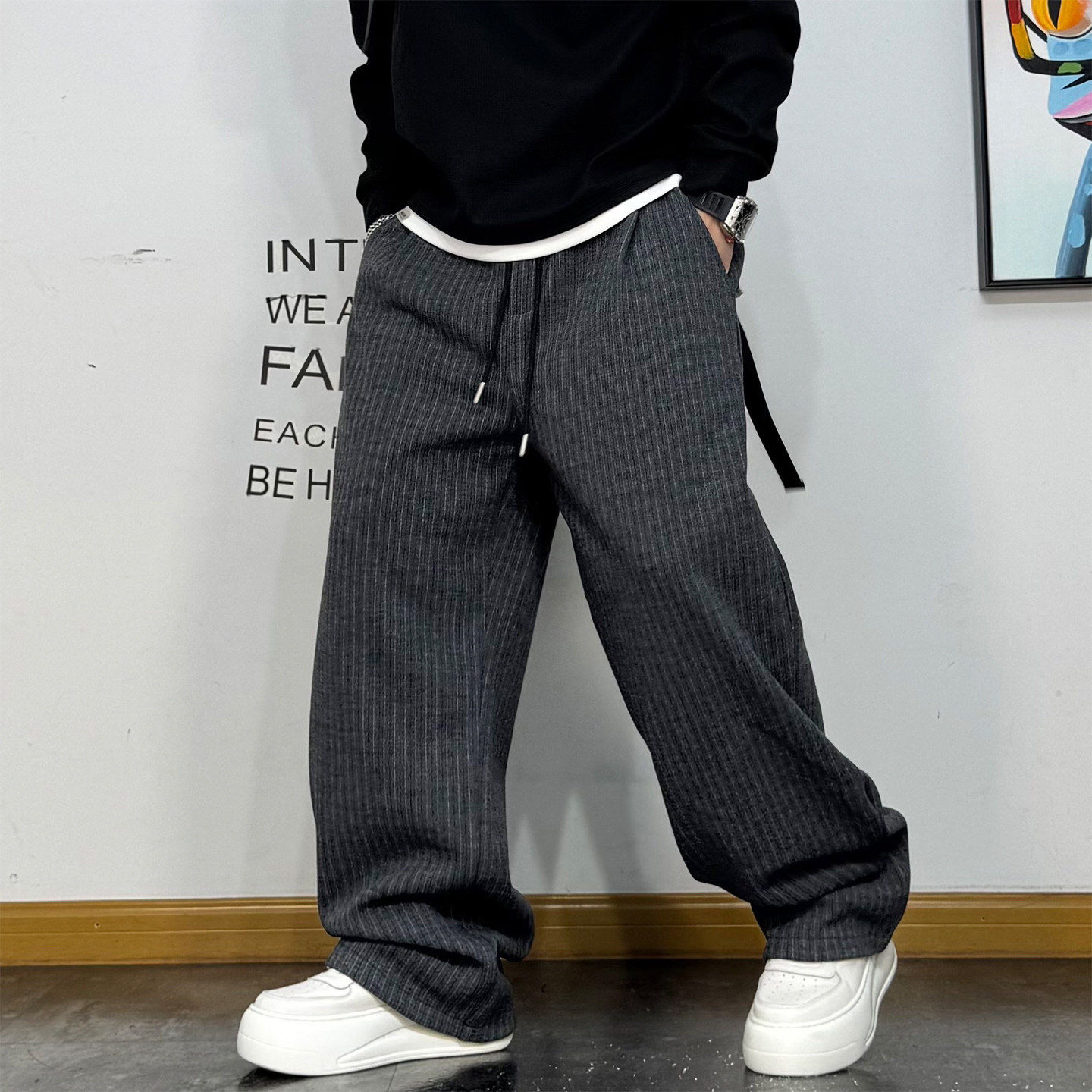 美式休闲宽松百搭运动长裤男冬季新款抽绳条纹肌理感直筒加绒卫裤,男装,卫裤,淘宝优惠券,粉丝福利购,淘宝优惠卷