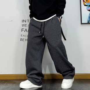 抽绳条纹肌理感直筒加绒卫裤 美式 新款 男冬季 休闲宽松百搭运动长裤