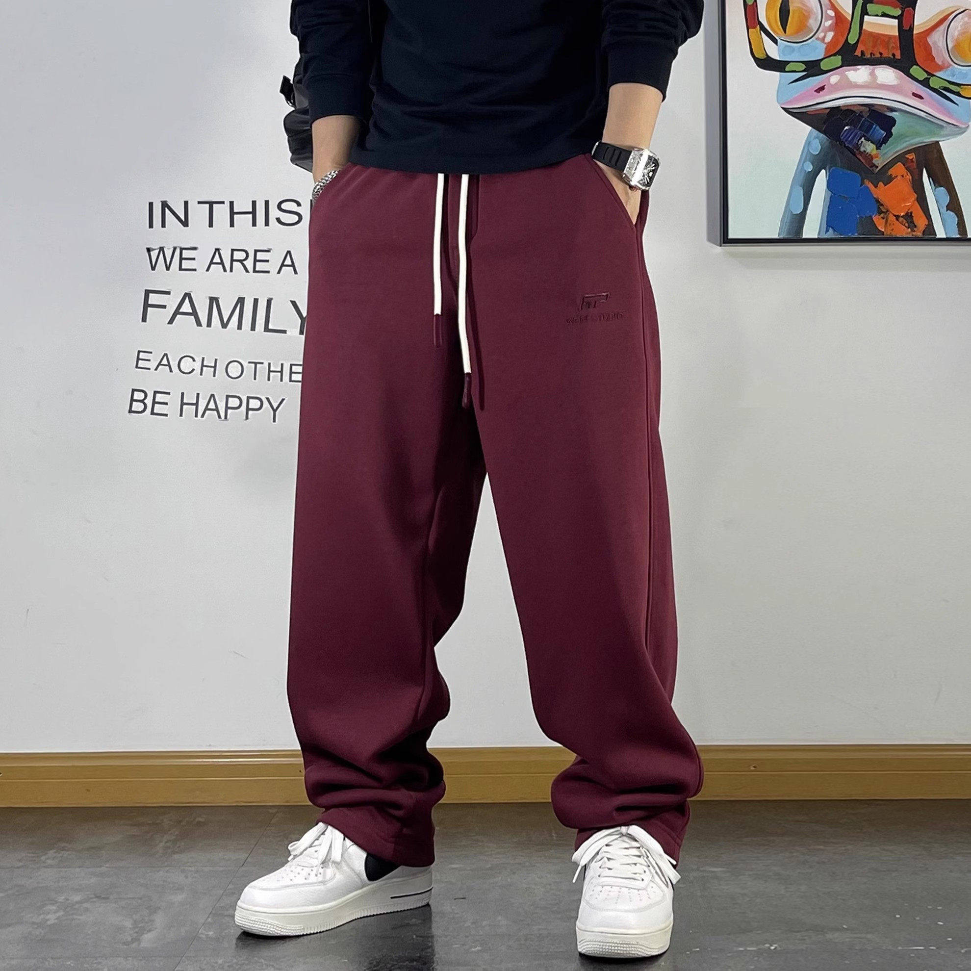 青年潮流加绒卫裤男宽松抽绳字母刺绣加厚直筒裤子秋冬季运动长裤