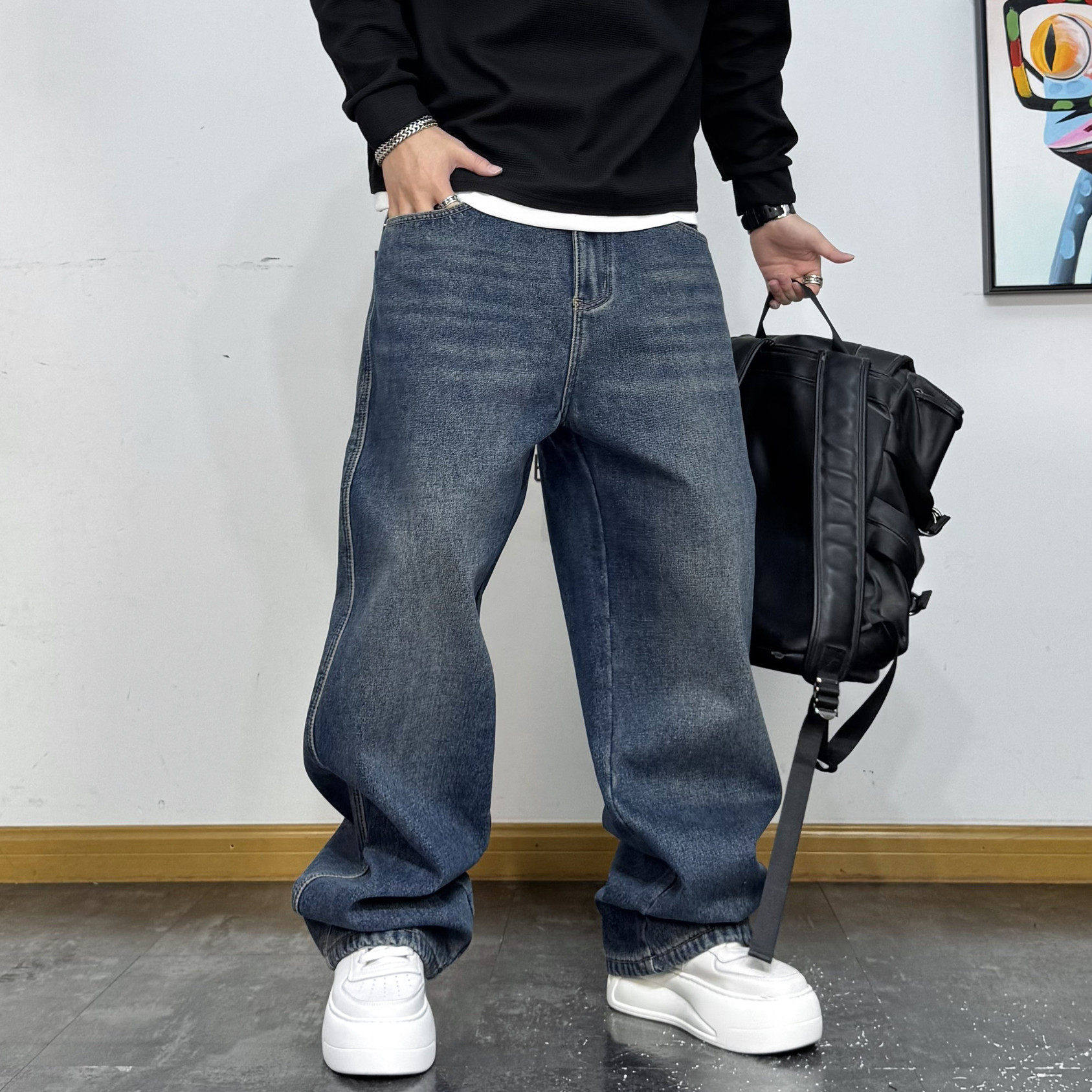 美式复古宽松直筒水洗做旧加绒牛仔裤秋冬新款男百搭阔腿潮流长裤,男装,牛仔裤,淘宝优惠券,粉丝福利购,淘宝优惠卷