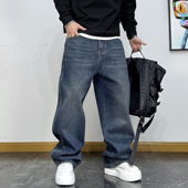 美式 男百搭阔腿潮流长裤 复古宽松直筒水洗做旧加绒牛仔裤 秋冬新款