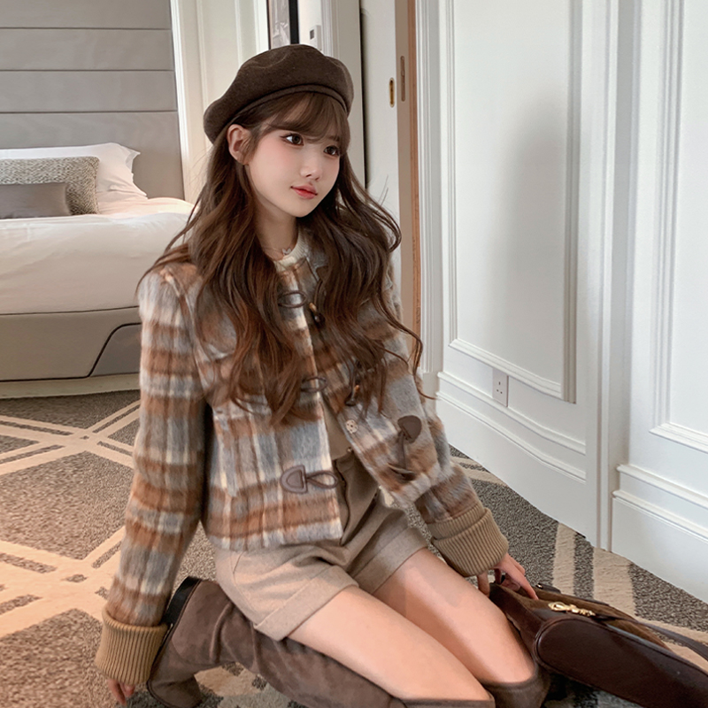 Bigking大金家 羊毛牛角扣格子毛呢外套女高级感短款内胆羽绒服