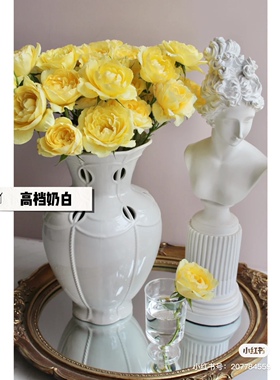 高档瓷器奶白婚礼花瓶法式摆件高温陶瓷手工镂空水培玫瑰月季鲜花