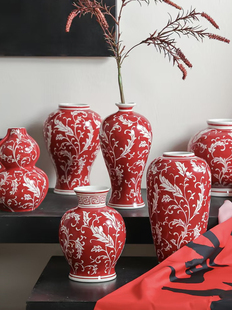 元 饰品高级感 宵新年陶瓷水培鲜花瓶红色将军罐客厅插花装