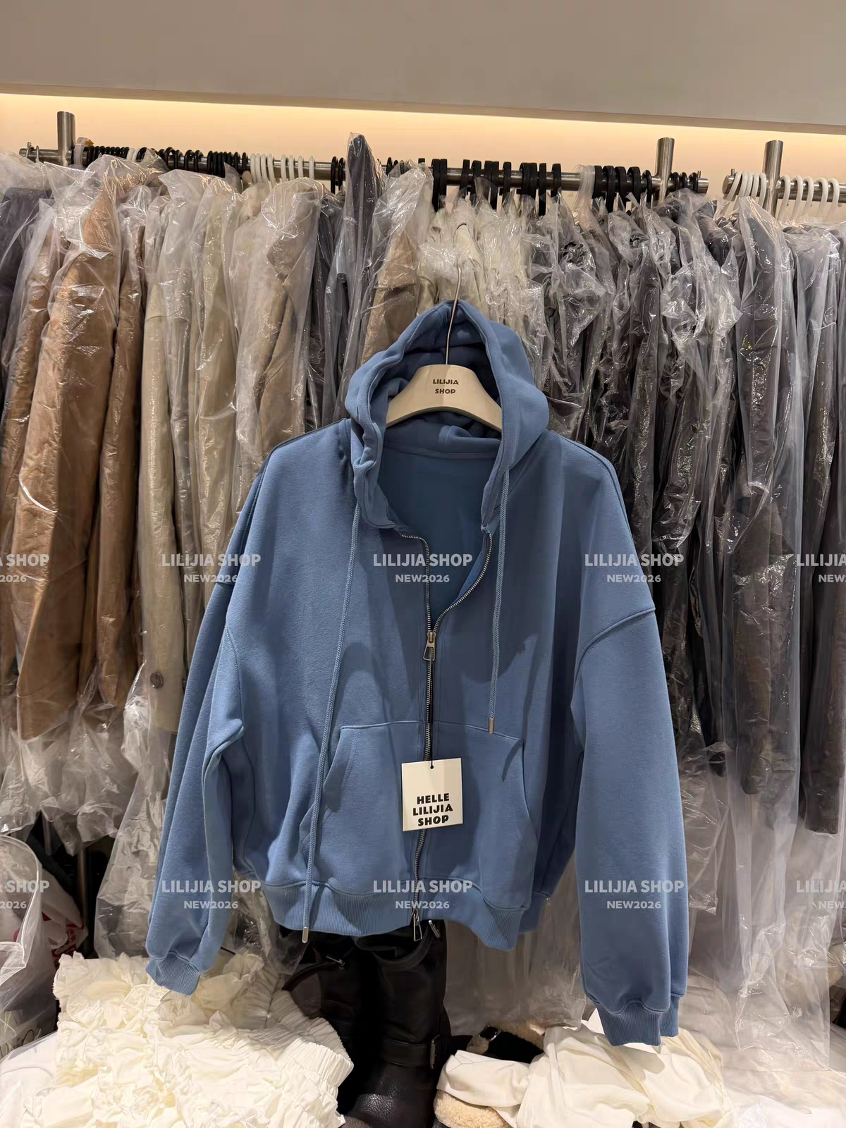 MH家 2026秋新款韩版时尚百搭显瘦连帽蓝色拉链卫衣外套女上衣