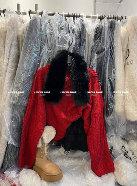 MH家 2025冬季新款慵懒风圣诞红色麻花毛衣高腰丝绒短裙两件套