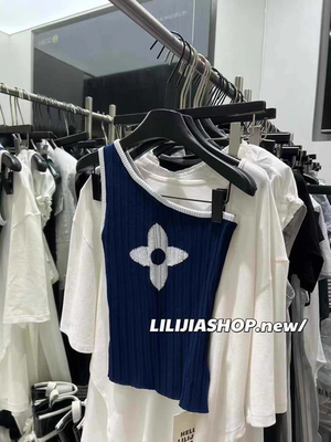 MH家 斜肩撞色图案针织弹力紧身无袖小背心女2025夏设计感上衣