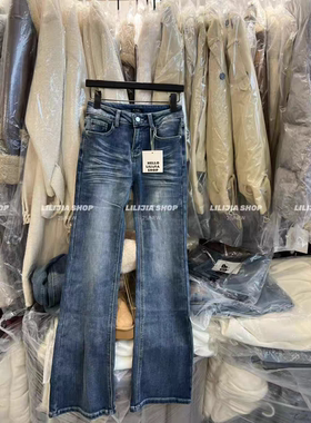 MH家 2025冬季新款韩版宽松显瘦百搭高腰微喇牛仔裤女加绒加厚