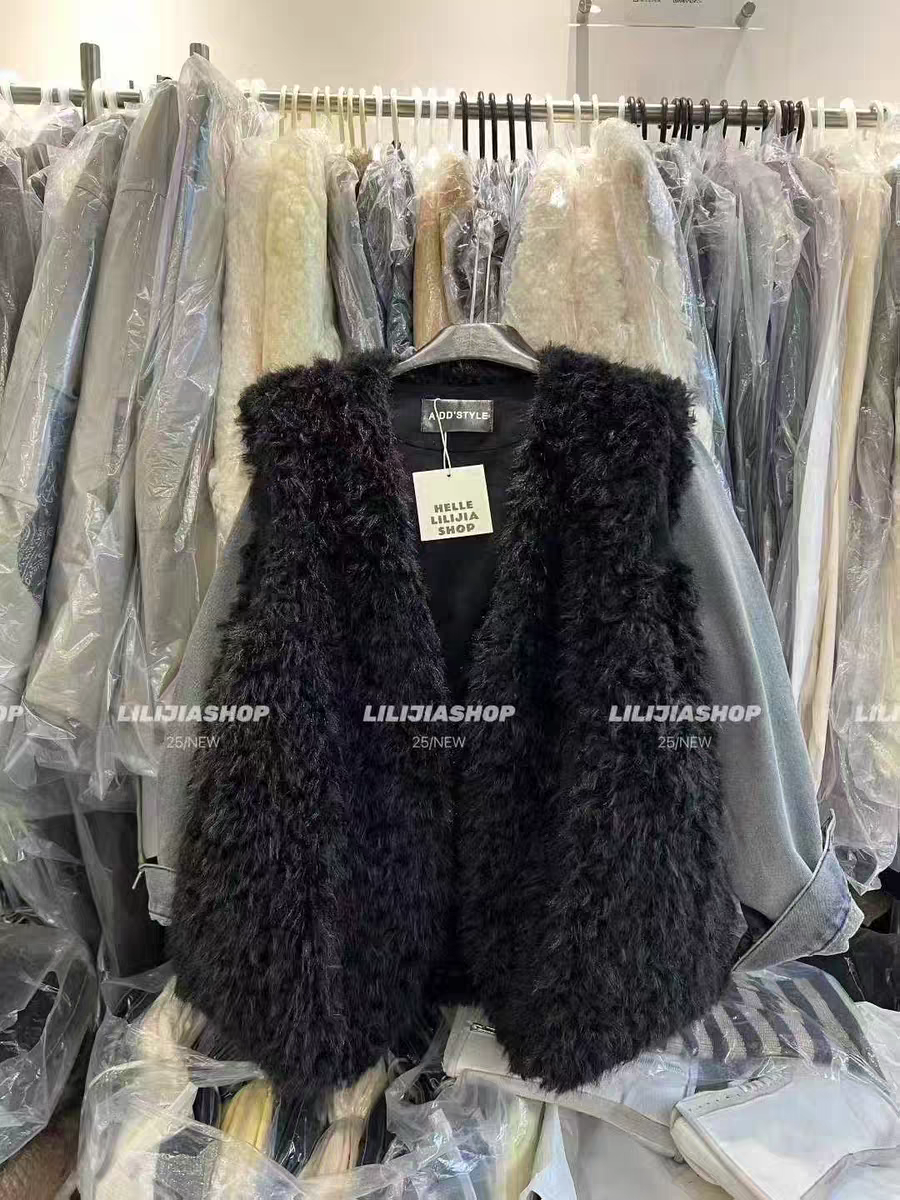 MH家 2025秋冬新款韩版时尚百搭宽松显瘦V领无袖毛毛马甲外套女