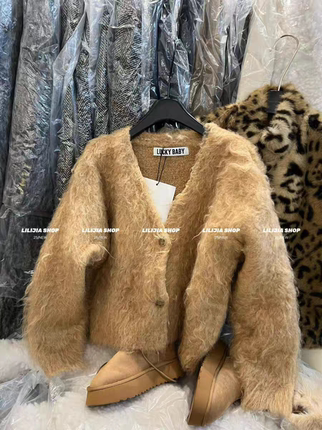 MH家 2025冬新款韩版宽松显瘦拉毛加厚百搭V领毛衣外套女